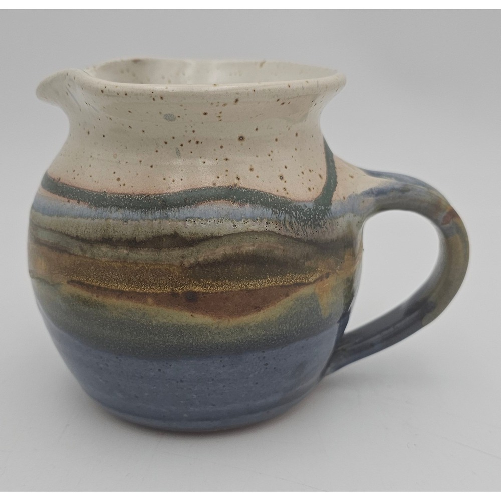 Handmade Studio Pottery Creamer Pitcher Earthy Blue Brown Glaze Ceramic 4in